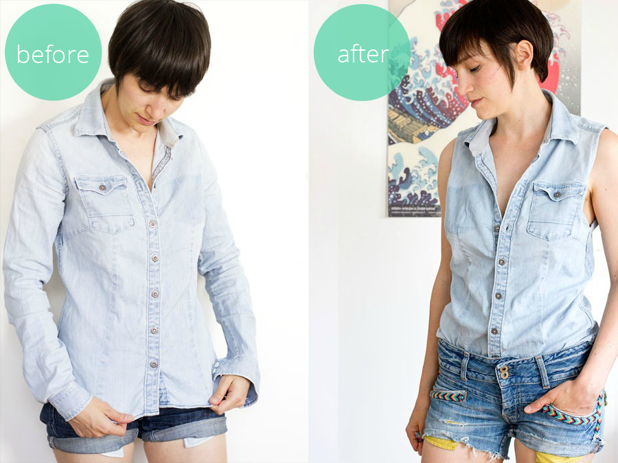 how to refashion an old blouse into a fashionable sleeveless shirt