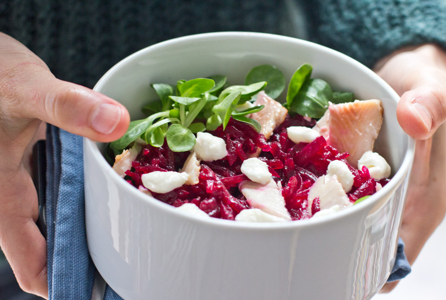 Office Lunch: beetroot, smoked trout and lamb's lettuce.