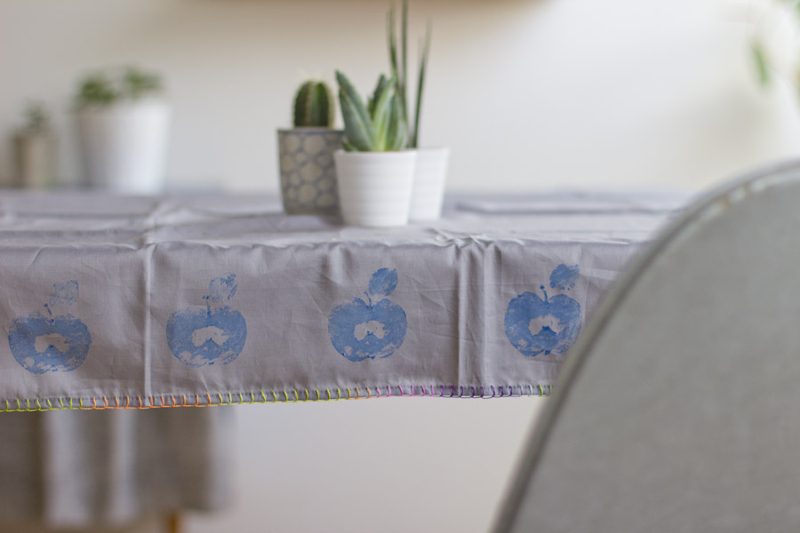 Printing with fruit is fun and easy – and can create something really useful like this fruit printed table cloth.