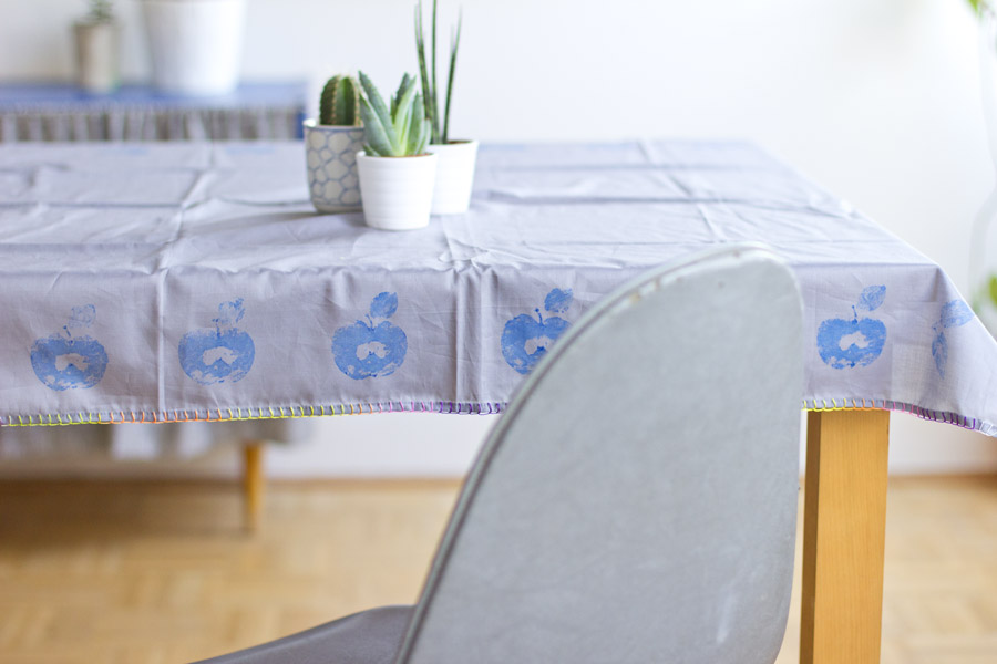 Printing with fruit is fun and easy – and can create something really useful like this fruit printed table cloth.