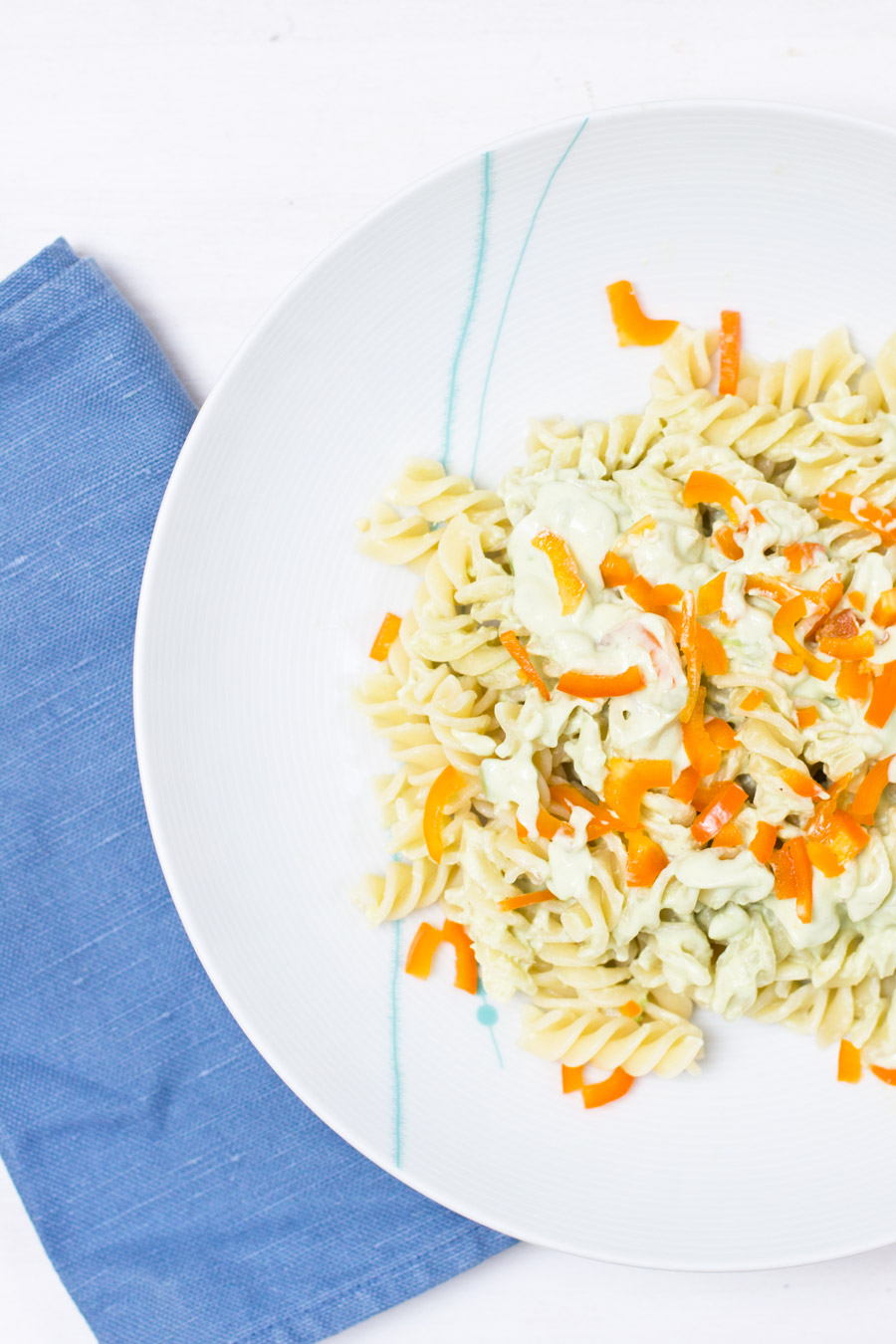 home office lunch recipe with pasta and avocado