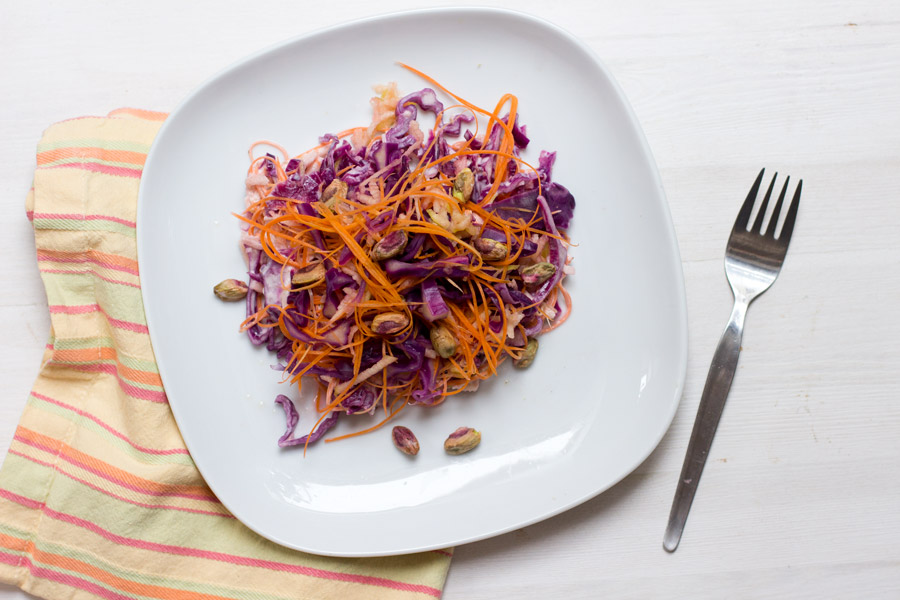 Red cabbage with pistachio is a perfect and healthy dish for cold days. With a preparation time of only 10 mins it's a great office lunch recipe.