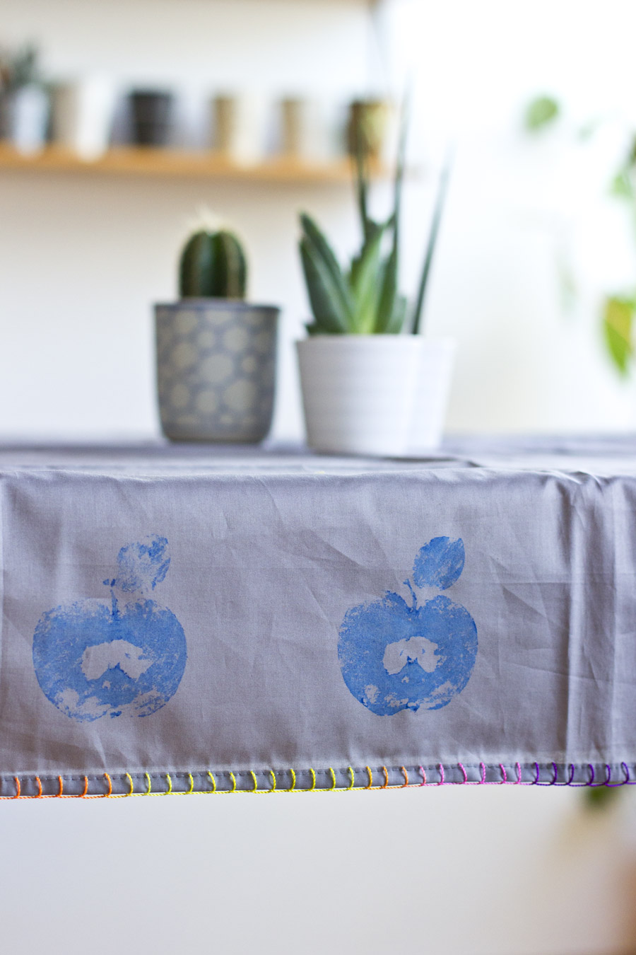 Printing with fruit is fun and easy – and can create something really useful like this fruit printed table cloth.